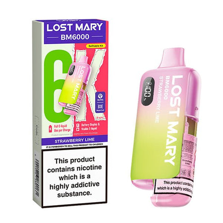 Lost Mary BM6000 vape kit strawberry lime device and packaging on a white background - uk vape sales