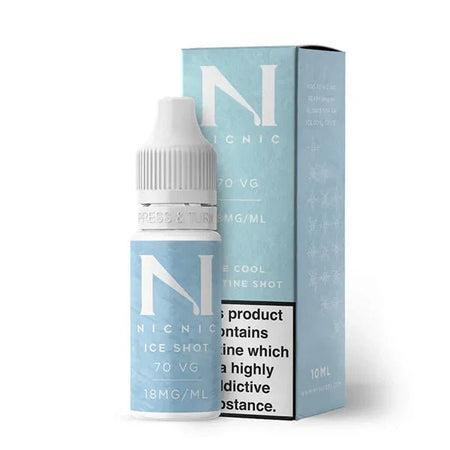 Nic Nic Ice Nicotine Booster Shots 70/30 Freebase 18mg Bottle With Packaging on White Background - UK Vape Sales