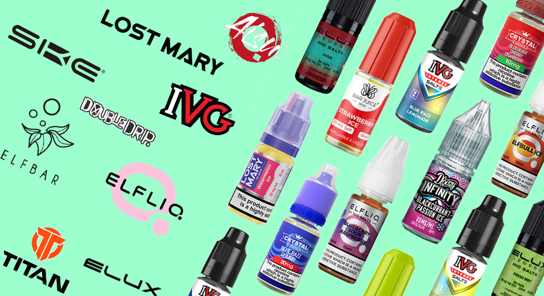 Collection of various nic salts vape juice bottles with brand logos on a green background
