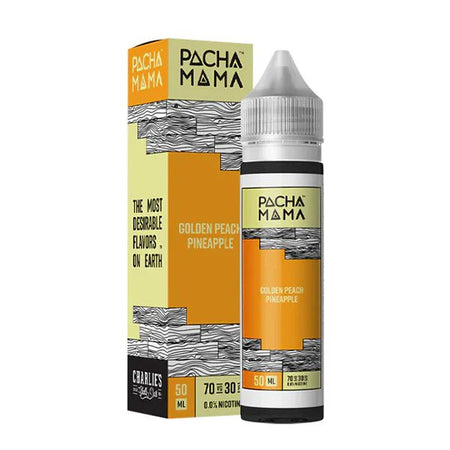 Pacha Mama E-Liquid Golden Peach Pineapple 50ml shortfill bottle and packaging on a white background - UK vape sales