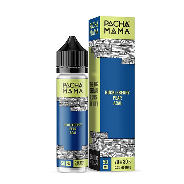 Pacha Mama E-Liquid Huckleberry Pear Acai 50ml shortfill bottle and packaging on a white background - UK vape sales