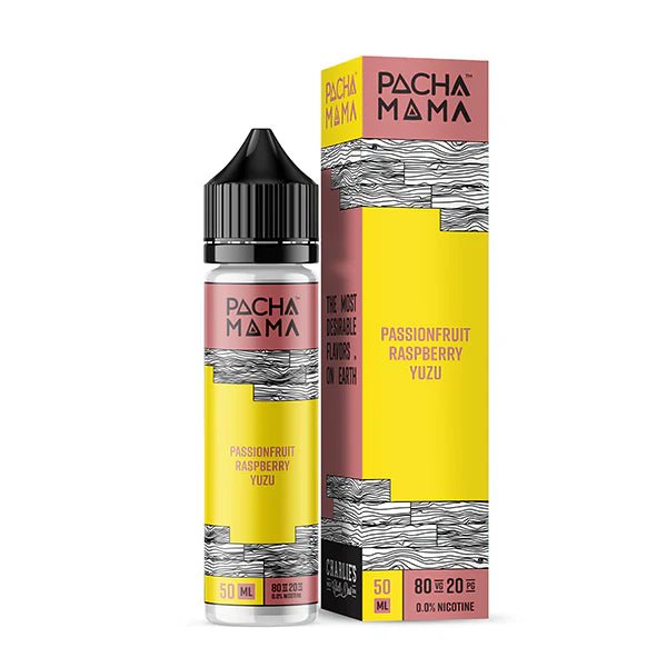 Pacha Mama E-Liquid Passionfruit Raspberry Yuzu 50ml shortfill bottle and packaging on a white background - UK vape sales