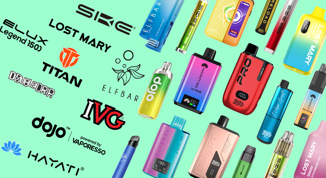 Various prefilled vape devices and brand logos on a green background