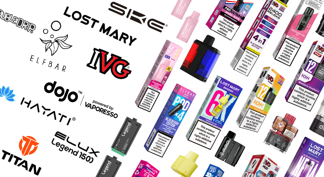 Collage of prefilled pods and refill packs and brand logos including Lost Mary, SKE, IVG, and others.