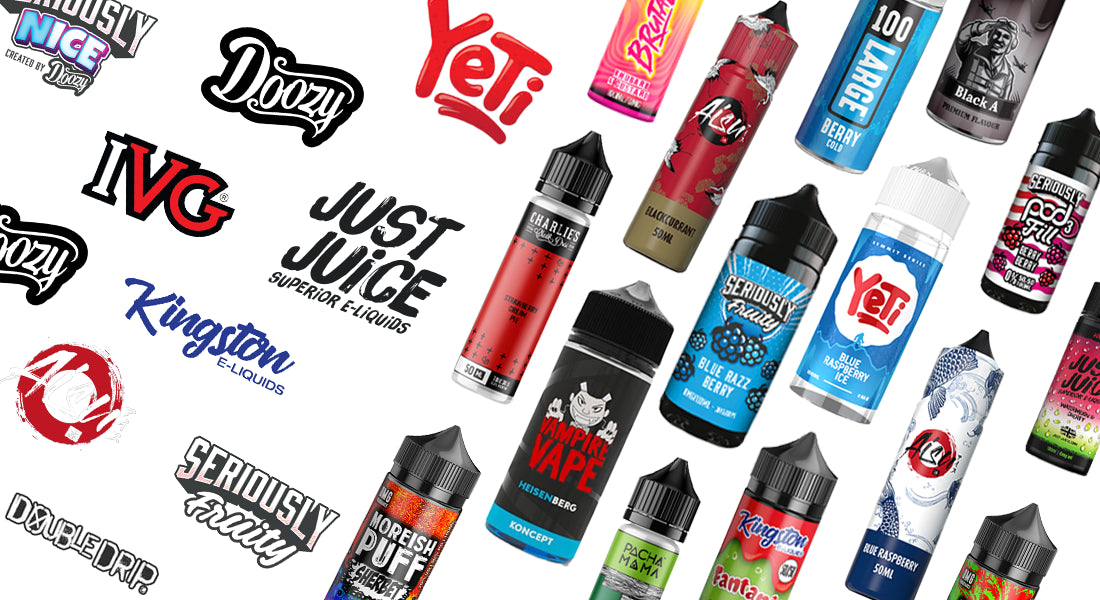 Collection of various vape juice bottles with brand logos displayed.