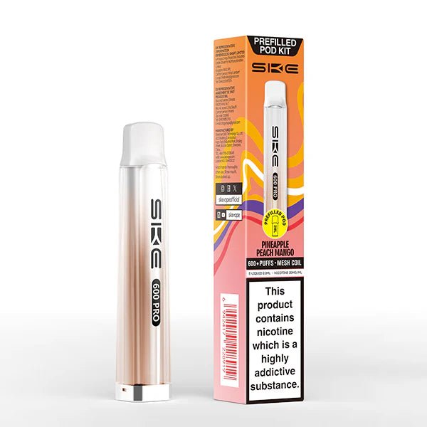 SKE 600 PRO vape kit pineapple peach mango device and packaging on a white background - uk vape sales