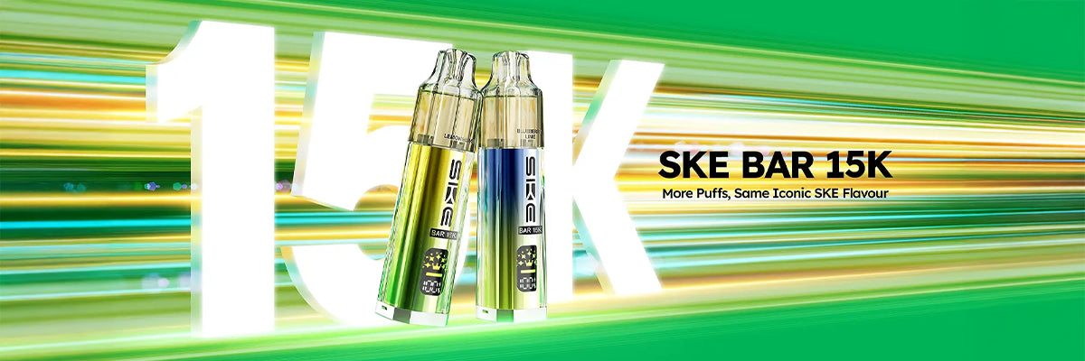 SKE BAR 15K vape device with colorful background