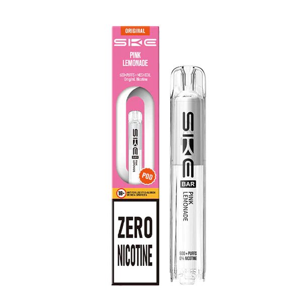 SKE Bar Zero Nicotine Pods pink lemonade pod with packaging on a white background - uk vape sales