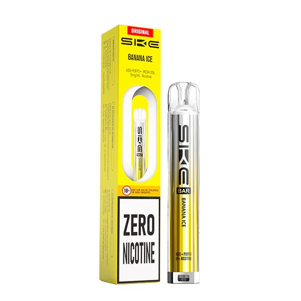 SKE Bar Zero Nicotine vape kit banana ice device and packaging on a white background - uk vape sales 
