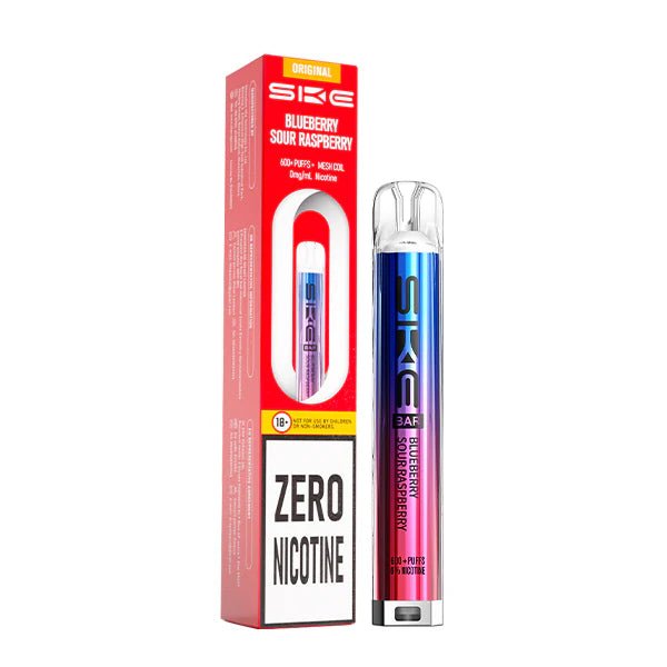 SKE Bar Zero Nicotine vape kit blueberry sour raspberry device and packaging on a white background - uk vape sales 