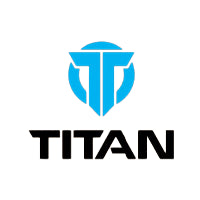 Titan logo with blue shield design and black text on a white background