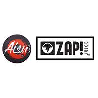 Two logos side by side on a white background, one labeled 'Aisu' and the other 'Zap!'.